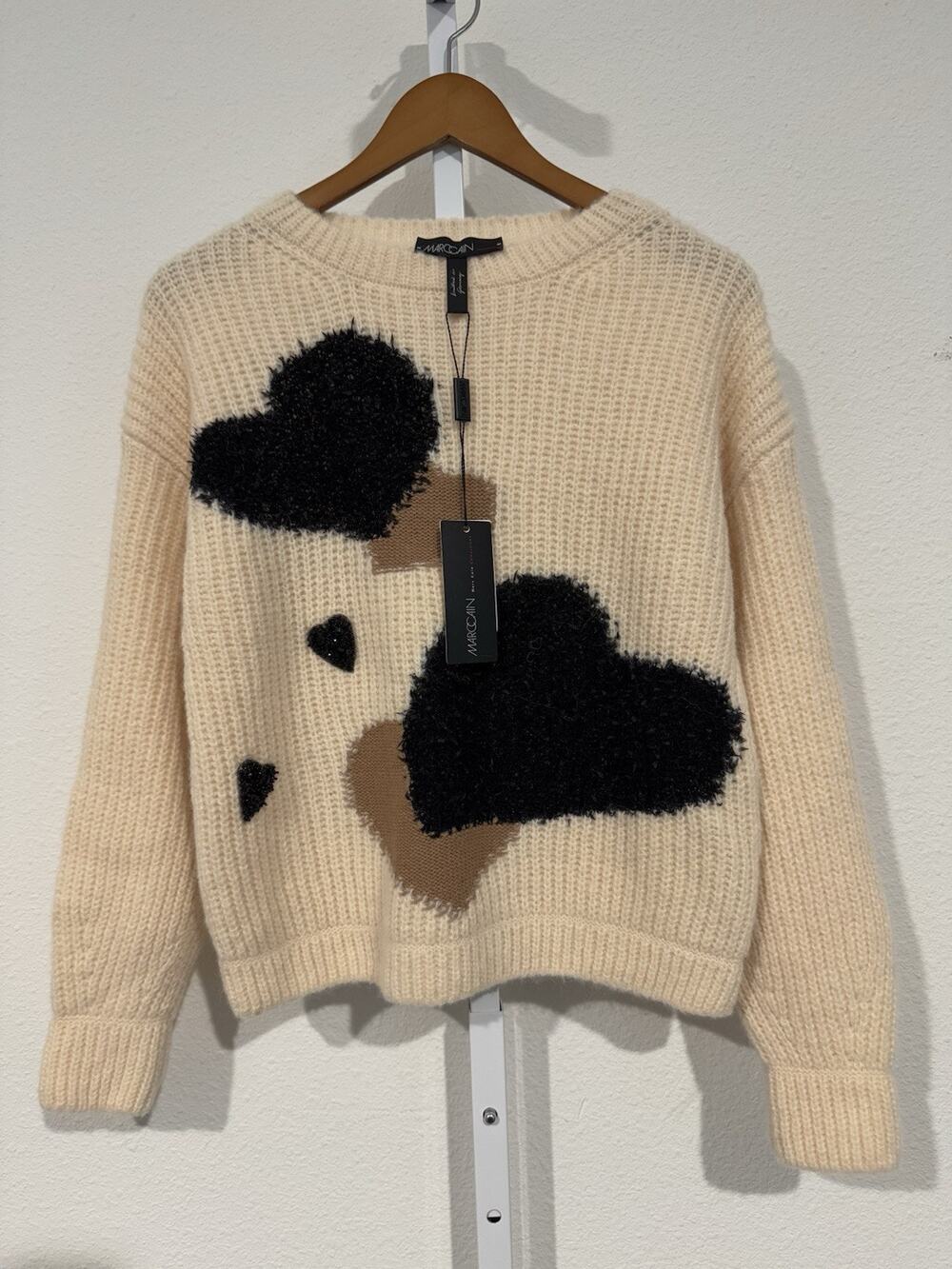 Marc Cain Sweater Jumper with Heart Design, Ivory And Black, Textured, Size N1